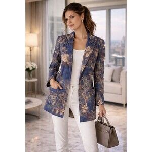 SOLITAIRE Anthropologie Floral Open Front Blazer Jacket Blue Long Sleeve Women L